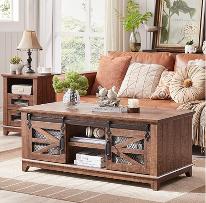 OKD Farmhouse Coffee Table with Sliding Barn Doors