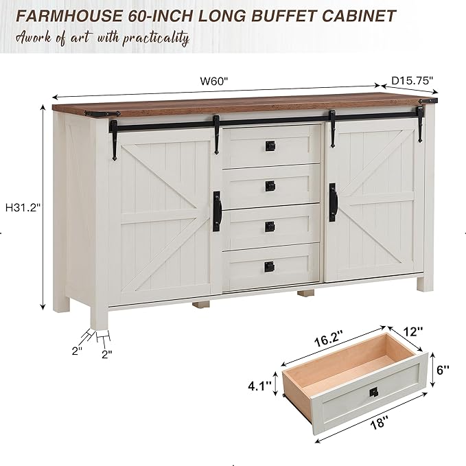 OKD Farmhouse Sideboard Buffet Cabinet, 60 inch Kitchen Cabinet Sliding Barn Doors
