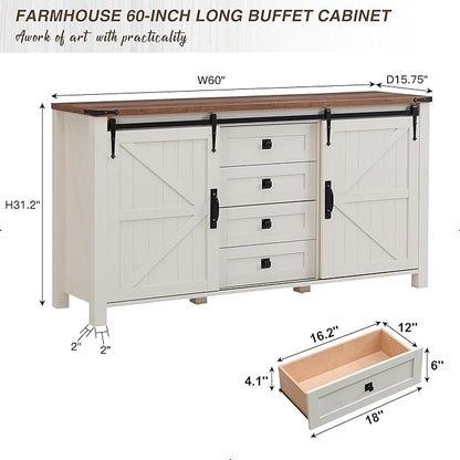 OKD Farmhouse Sideboard Buffet Cabinet, 60 inch Kitchen Cabinet Sliding Barn Doors