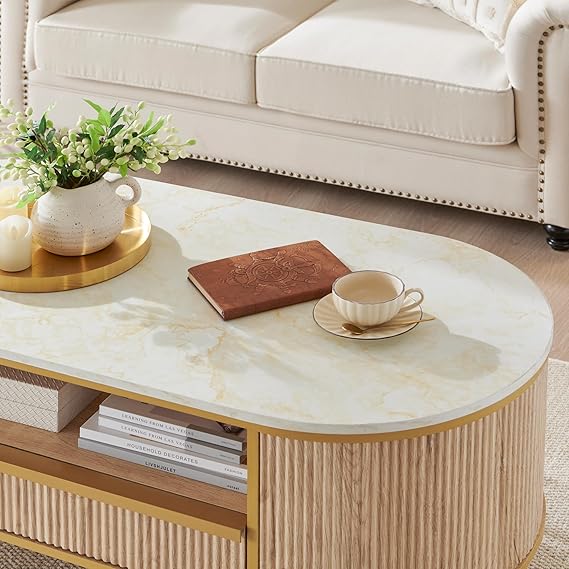 OKD Modern Luxury Fluted Coffee Table, 48 inch Oval Coffee Table with Drawer