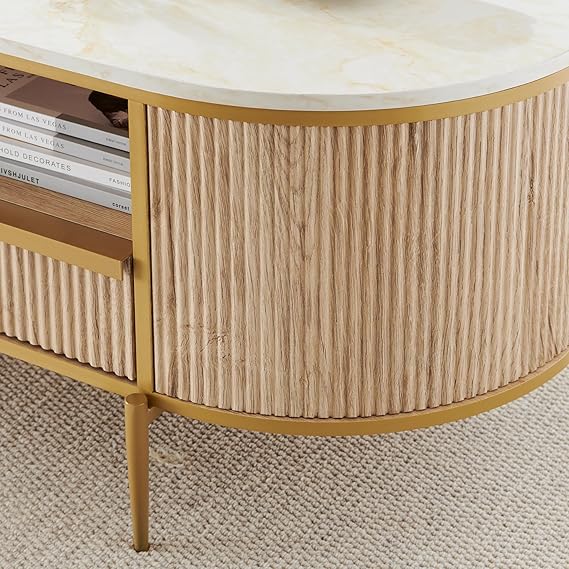 OKD Modern Luxury Fluted Coffee Table, 48 inch Oval Coffee Table with Drawer