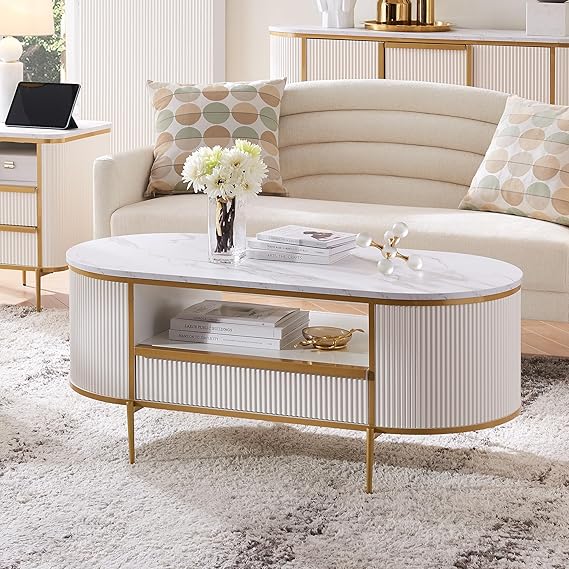 OKD Modern Luxury Fluted Coffee Table, 48 inch Oval Coffee Table with Drawer