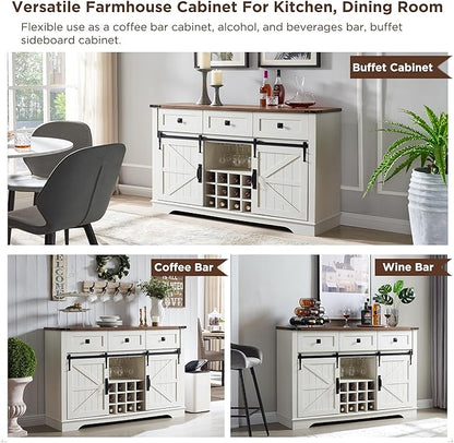 OKD Farmhouse Wine Bar Cabinet Sliding Barn Door, Kitchen Coffee Bar Cabinet Wine & Glass Rack