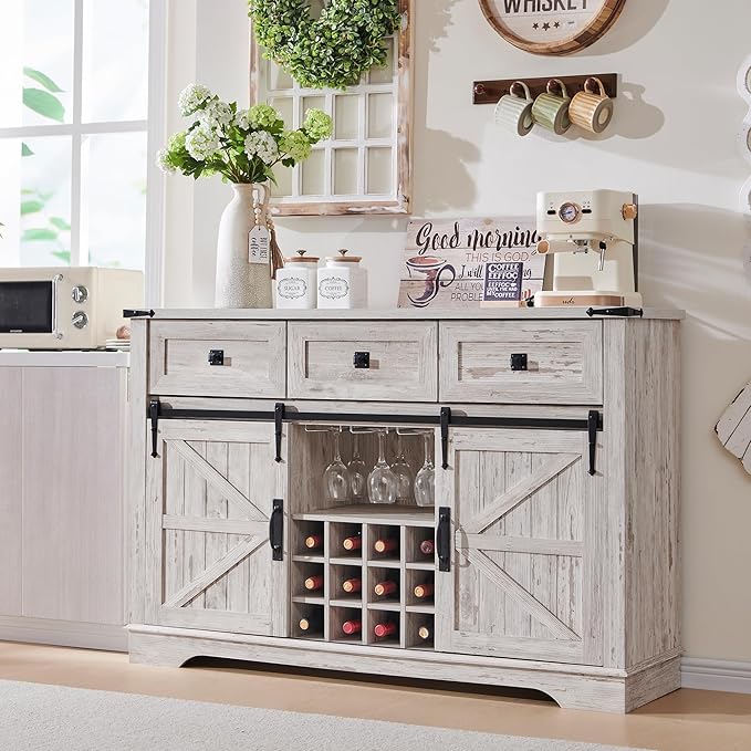OKD Farmhouse Wine Bar Cabinet Sliding Barn Door, Kitchen Coffee Bar Cabinet Wine & Glass Rack