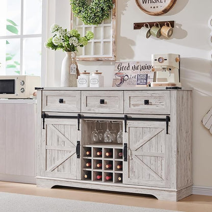 OKD Farmhouse Wine Bar Cabinet Sliding Barn Door, Kitchen Coffee Bar Cabinet Wine & Glass Rack