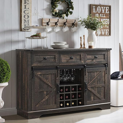 OKD Farmhouse Wine Bar Cabinet Sliding Barn Door, Kitchen Coffee Bar Cabinet Wine & Glass Rack