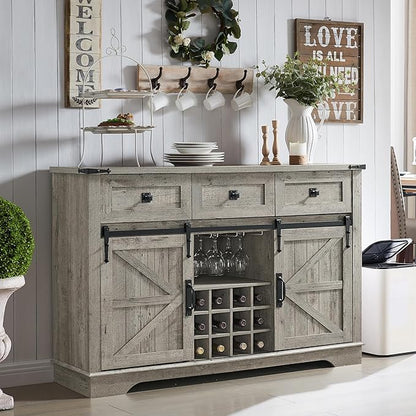OKD Farmhouse Wine Bar Cabinet Sliding Barn Door, Kitchen Coffee Bar Cabinet Wine & Glass Rack