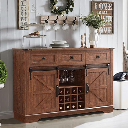 OKD Farmhouse Wine Bar Cabinet Sliding Barn Door, Kitchen Coffee Bar Cabinet Wine & Glass Rack