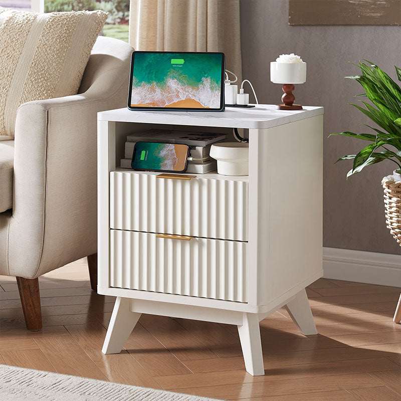 OKD Fluted Nightstand with Charging Station, 18inch Faux Marble Top Side Table