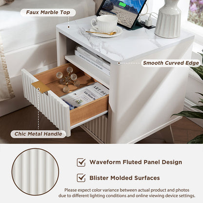 OKD Fluted Nightstand with Charging Station, 18inch Faux Marble Top Side Table
