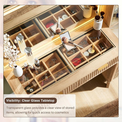 OKD Vanity Table with Mirror and Lights ,Modern Dressing Table 5 Drawers & Adjustable Shelves,Charging Station for Bedroom