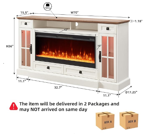 OKD Larger Farmhouse Fireplace TV Stand With LED Lights, Ups to 80 inch TV