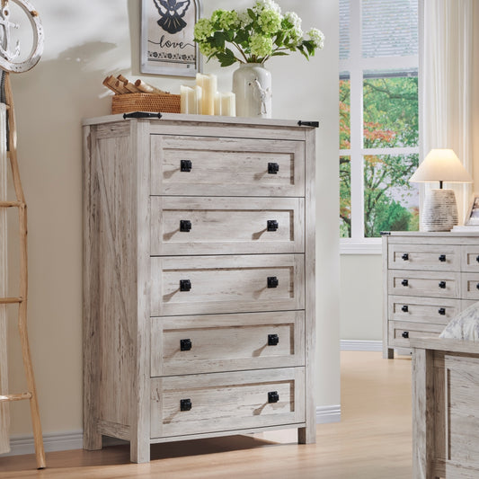OKD 5 Drawers Dresser Chests for Bedroom Farmhouse, Wood Rustic Tall Chest of Drawers