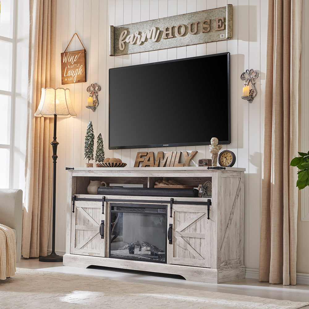 OKD Farmhouse Fireplace TV Stand, Farmhouse Entertainment Center with 23 Inch Electric Fireplace