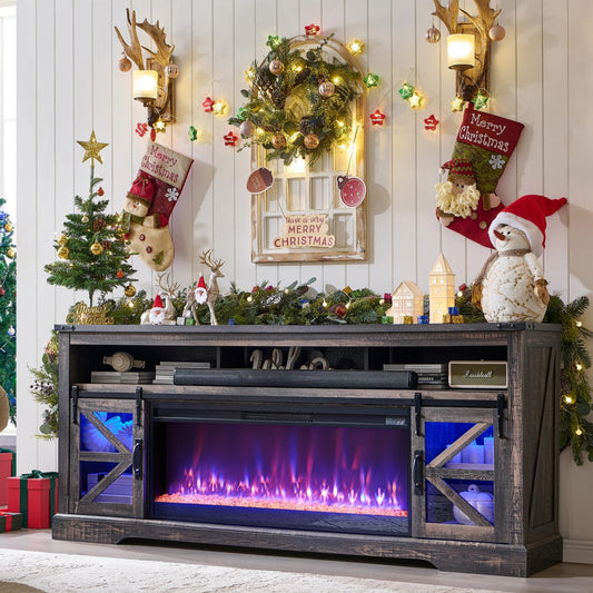 OKD Farmhouse Fireplace TV Stand for 85" TV, Highboy Entertainment Center w/42" Electric Fireplace & LED Light, Media Console w/Sliding Barn Door for Living Room, Dark Rustic Oak