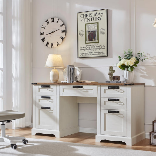 OKD Farmhouse Executive Desk, Rustic Office Desk with Charging Station and Keyboard Tray,Home Workstations with File Drawer, Storage Cabinet,Wood Computer Writing Desk
