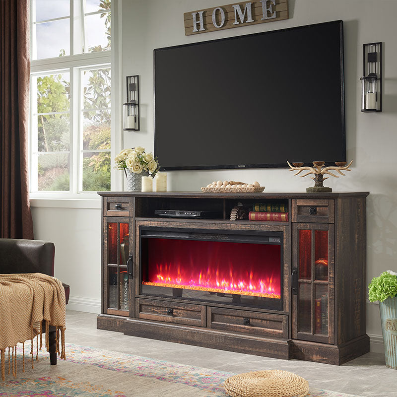 OKD Larger Farmhouse Fireplace TV Stand With LED Lights, Ups to 80 inch TV
