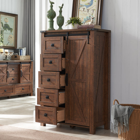 OKD Modern Farmhouse 5-Drawer Dresser with Barn Door, Adjustable Shelf Storage Cabinet for Bedroom Living Room