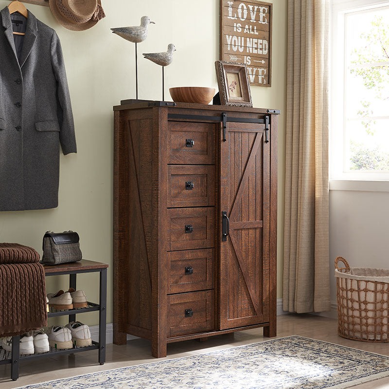 OKD Farmhouse 5 Drawers Sideboard Buffet Cabinet, Tall Kitchen Cabinet