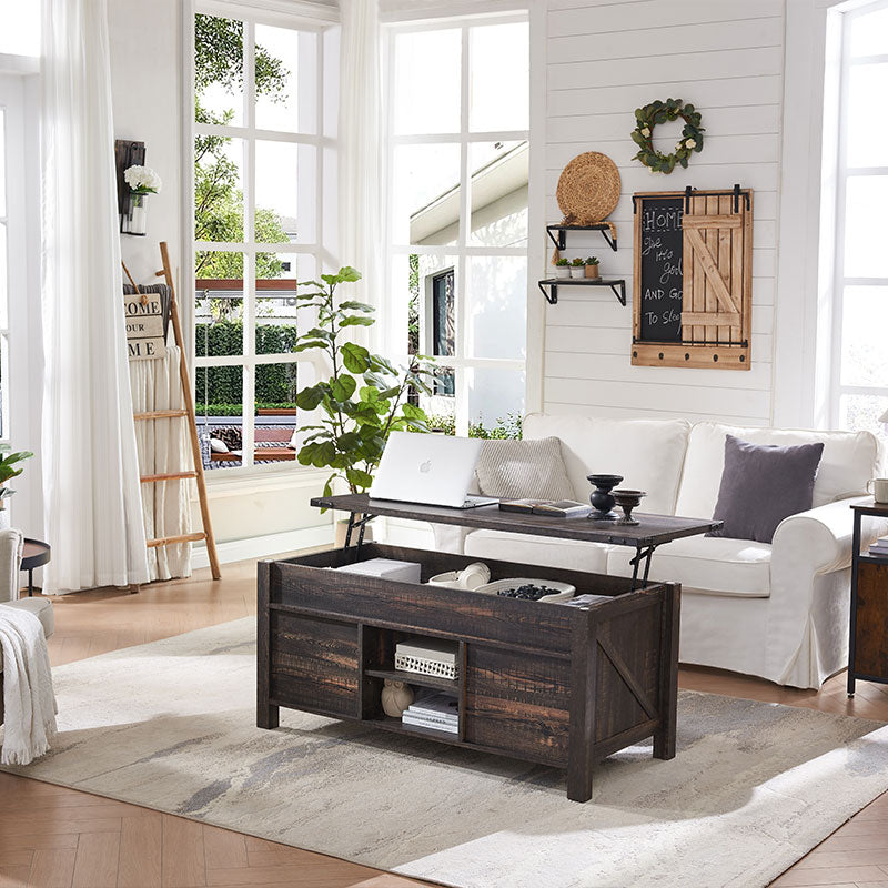 OKD Farmhouse Lift Top Coffee Table with Sliding Barn Door