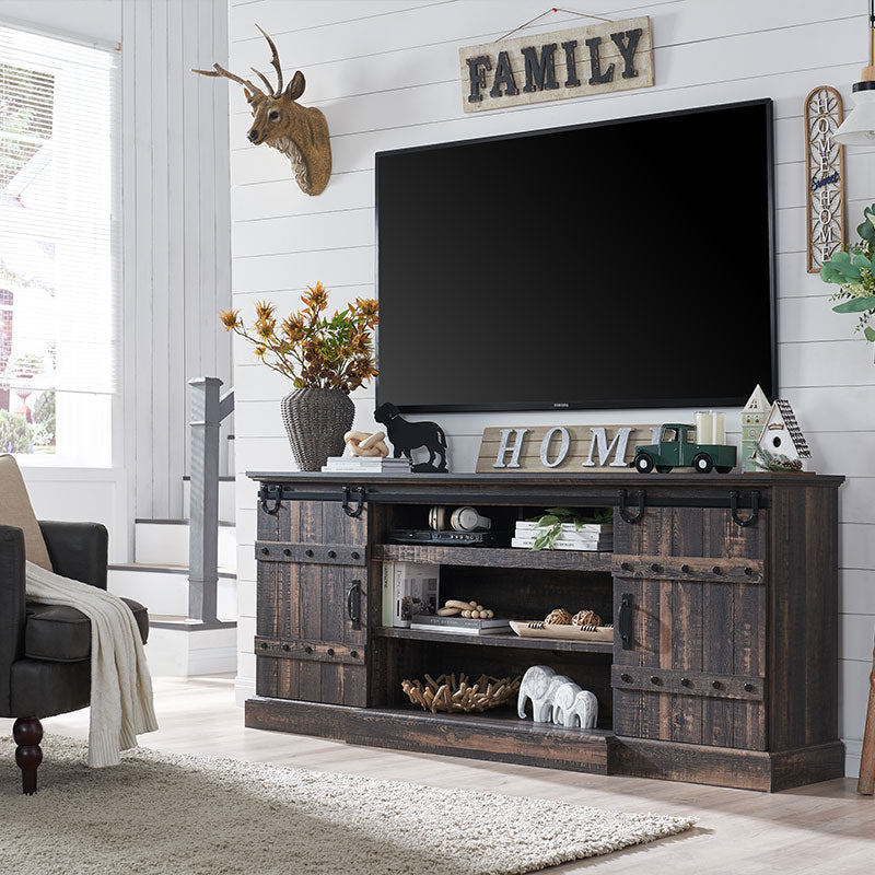 OKD Industrial Farmhouse TV Stand with storage, Rustic Media Console Table with Sliding Barn Door, Up to 75 Inch TV