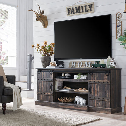 OKD Industrial Farmhouse TV Stand with storage, Rustic Media Console Table with Sliding Barn Door, Up to 75 Inch TV