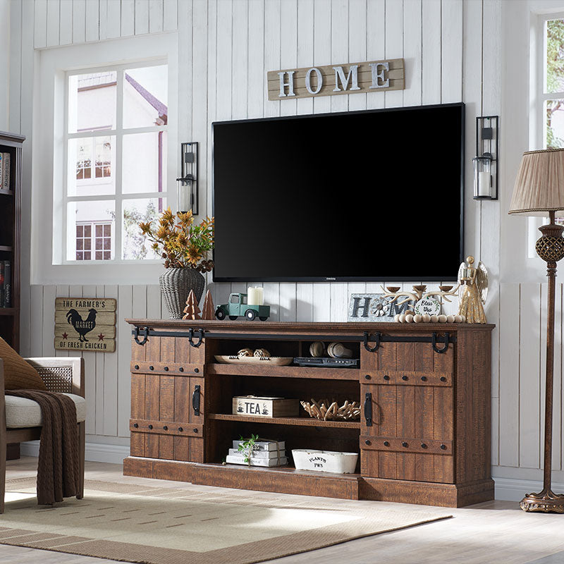 OKD Industrial Farmhouse TV Stand with storage, Rustic Media Console Table with Sliding Barn Door, Up to 75 Inch TV