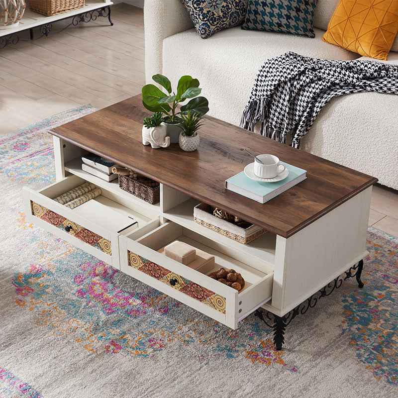 OKD 48" Boho Coffee Table with 2 Draw , Rustic Medieval Bohemian Coffee Table