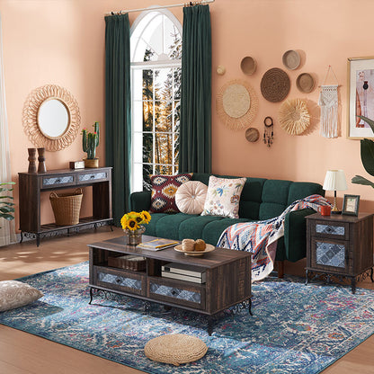 OKD 48" Boho Coffee Table with 2 Draw , Rustic Medieval Bohemian Coffee Table