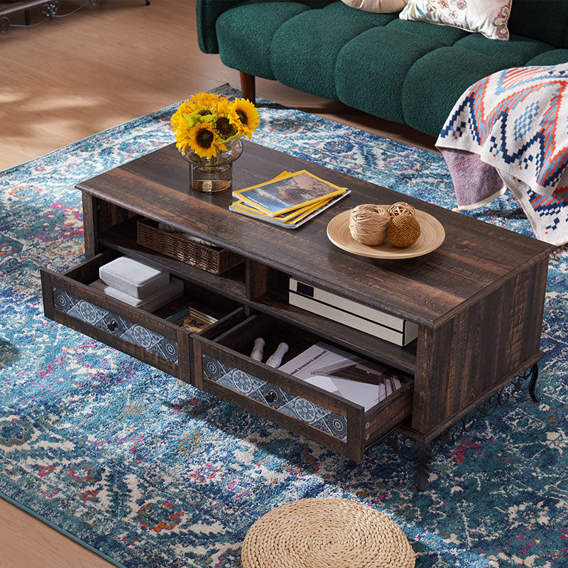 OKD 48" Boho Coffee Table with 2 Draw , Rustic Medieval Bohemian Coffee Table