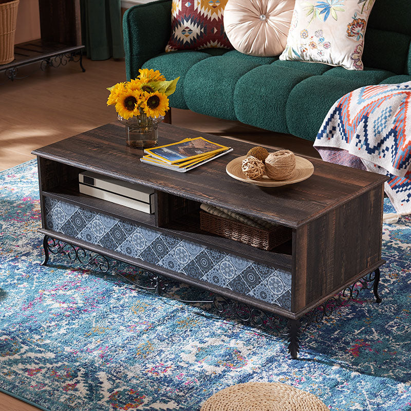 OKD 48" Boho Coffee Table with 2 Draw , Rustic Medieval Bohemian Coffee Table