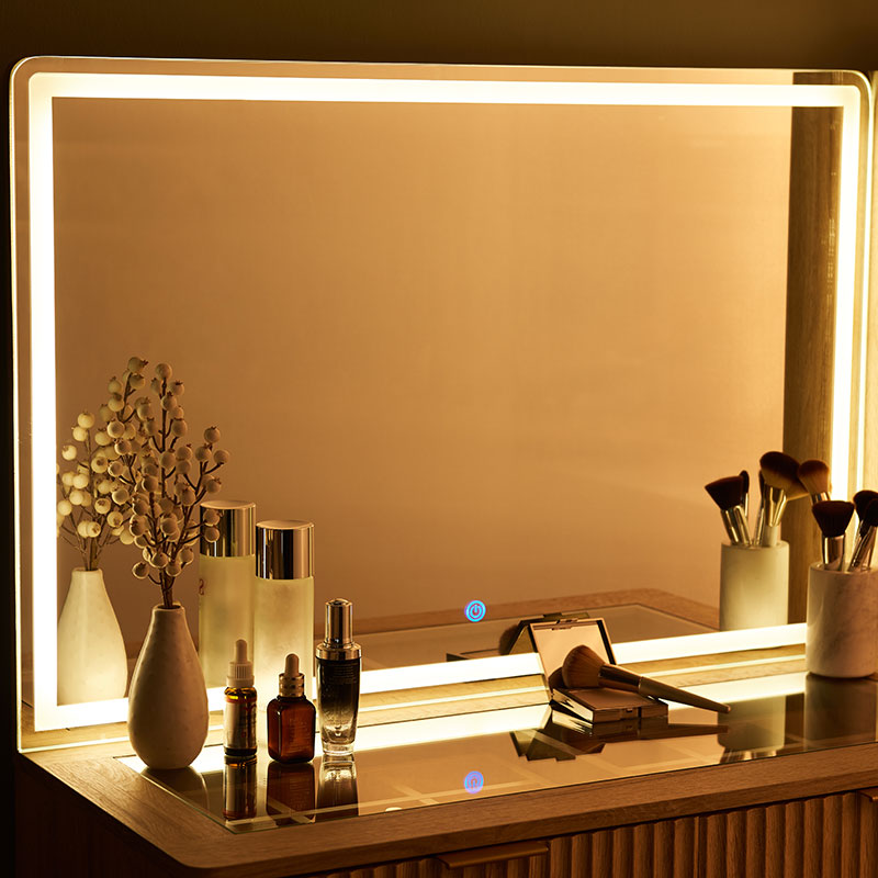 OKD Fluted Makeup Vanity Desk with Large Mirror and Lights, Glass Tabletop