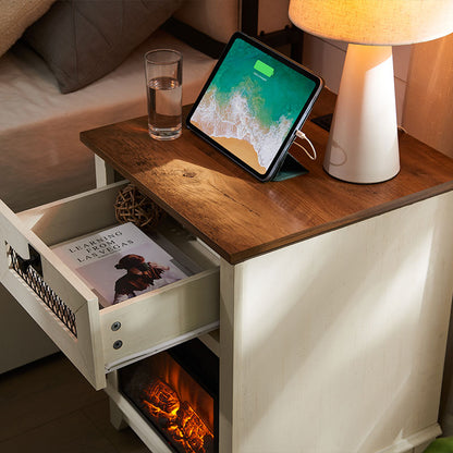 OKD 18inch  Farmhouse Fireplace Nightstand/End Table with Charging Station