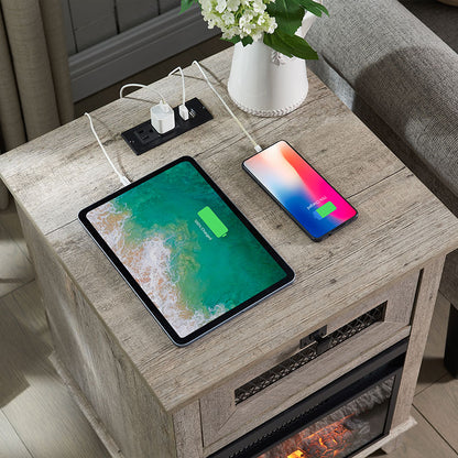 OKD 18inch  Farmhouse Fireplace Nightstand/End Table with Charging Station