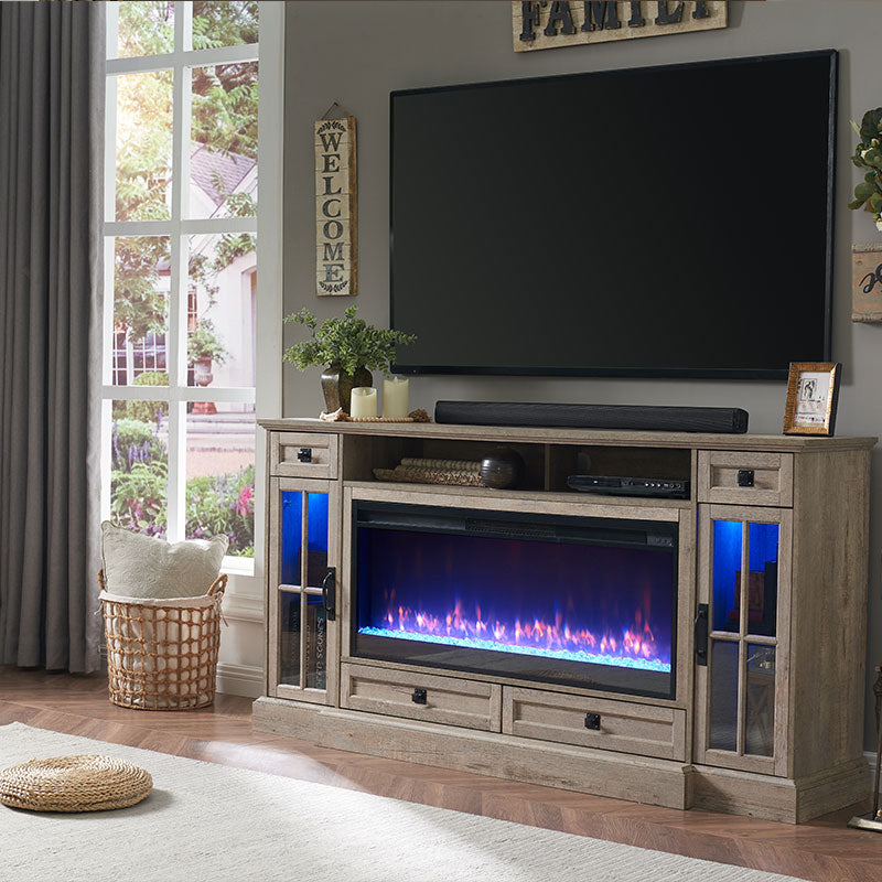 OKD Larger Farmhouse Fireplace TV Stand With LED Lights, Ups to 80 inch TV