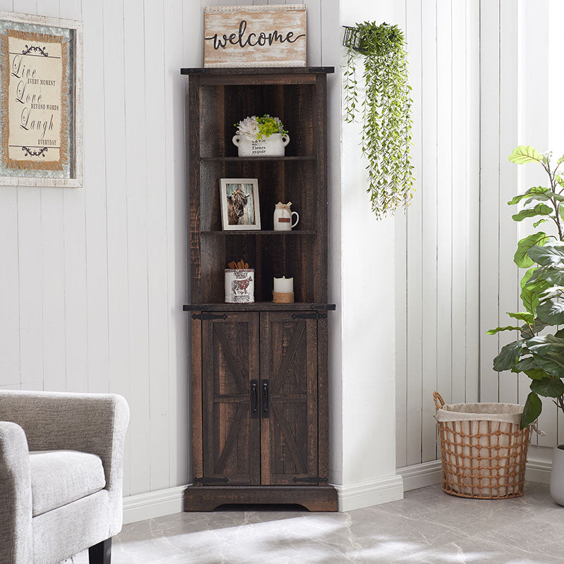 OKD Farmhouse Tall Corner Cabinet, Storage Cabinet with Barn Door
