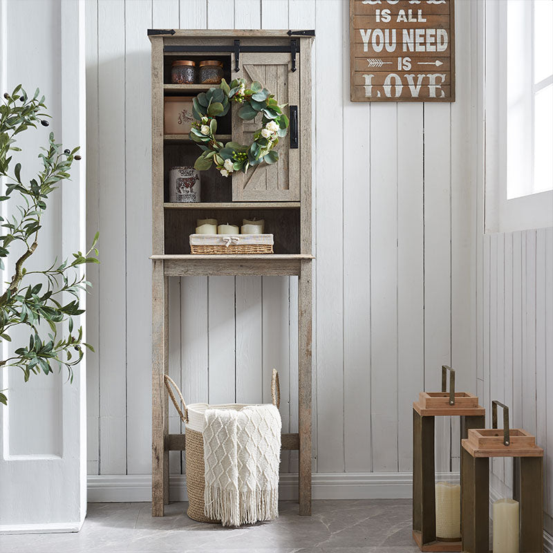 OKD Over The Toilet Farmhouse Storage Cabinet Over Toilet with Sliding Barn Door