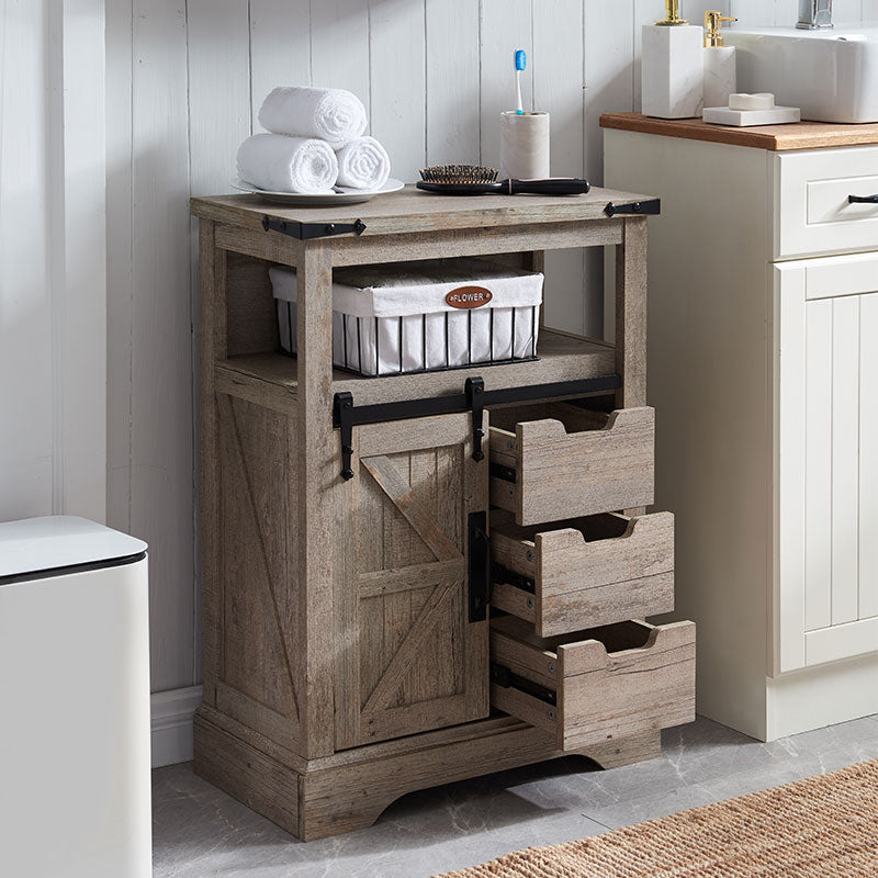 OKD Bathroom Floor Cabinet, Farmhouse Storage Cabinet with Sliding Barn Door