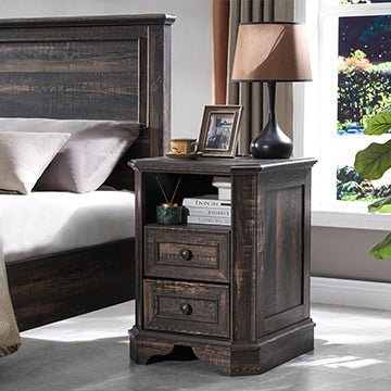 OKD Farmhouse 2 Drawers Nightstand Wtih Built In Outlets Charging Station