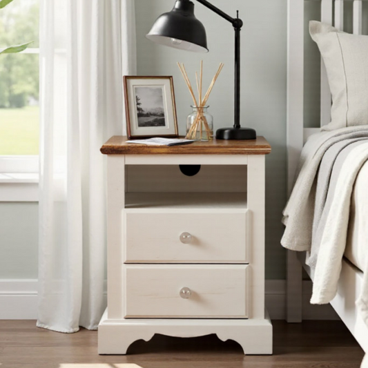 OKD Nightstand with Charging Station, Rustic End Table with 2 Drawers Farmhouse Side Table with 3-tier Storage Space Bedside Cabinet for Bedroom Living Room