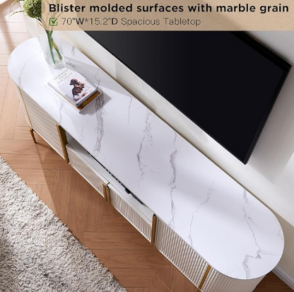 OKD Luxury 70 inch Fluted TV Stand, Modern Entertainment Center with Faux Marble Top
