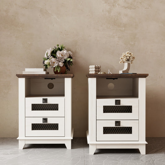 OKD Nightstands Set of 2 with Charging Station, Rustic End Table with 2 Drawers and Cubby, Farmhouse Side Table with 3-tier Storage, Bedside Cabinet for Bedroom Living Room