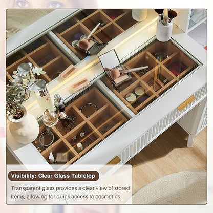 OKD Fluted Makeup Vanity Desk with Large Mirror and Lights, Glass Tabletop