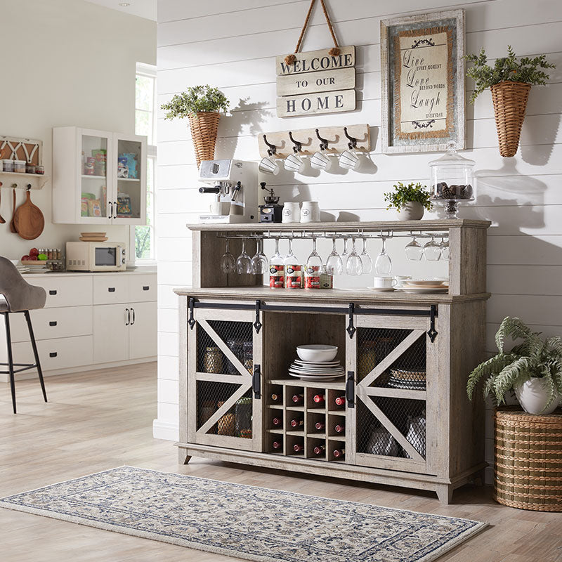 OKD Farmhouse Coffee Bar Cabinet with LED Lights, 55 inch Sideboard Buffet Table With Sliding Barn Door