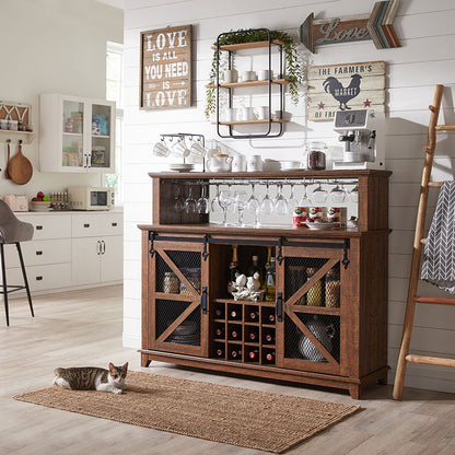 OKD Farmhouse Coffee Bar Cabinet with LED Lights, 55 inch Sideboard Buffet Table With Sliding Barn Door