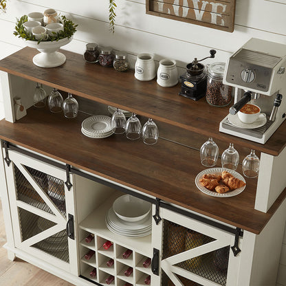 OKD Farmhouse Coffee Bar Cabinet with LED Lights, 55 inch Sideboard Buffet Table With Sliding Barn Door