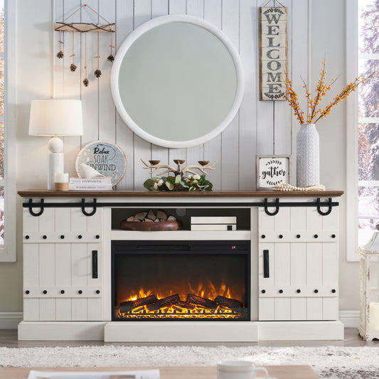 OKD Farmhouse 70" Fireplace TV Stand for TVs up to 80" , Entertainment Center with 30" Electric Fireplace, Dark Rustic Oak